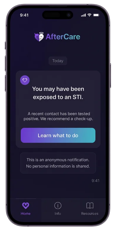 AfterCare app showing an anonymous exposure notification